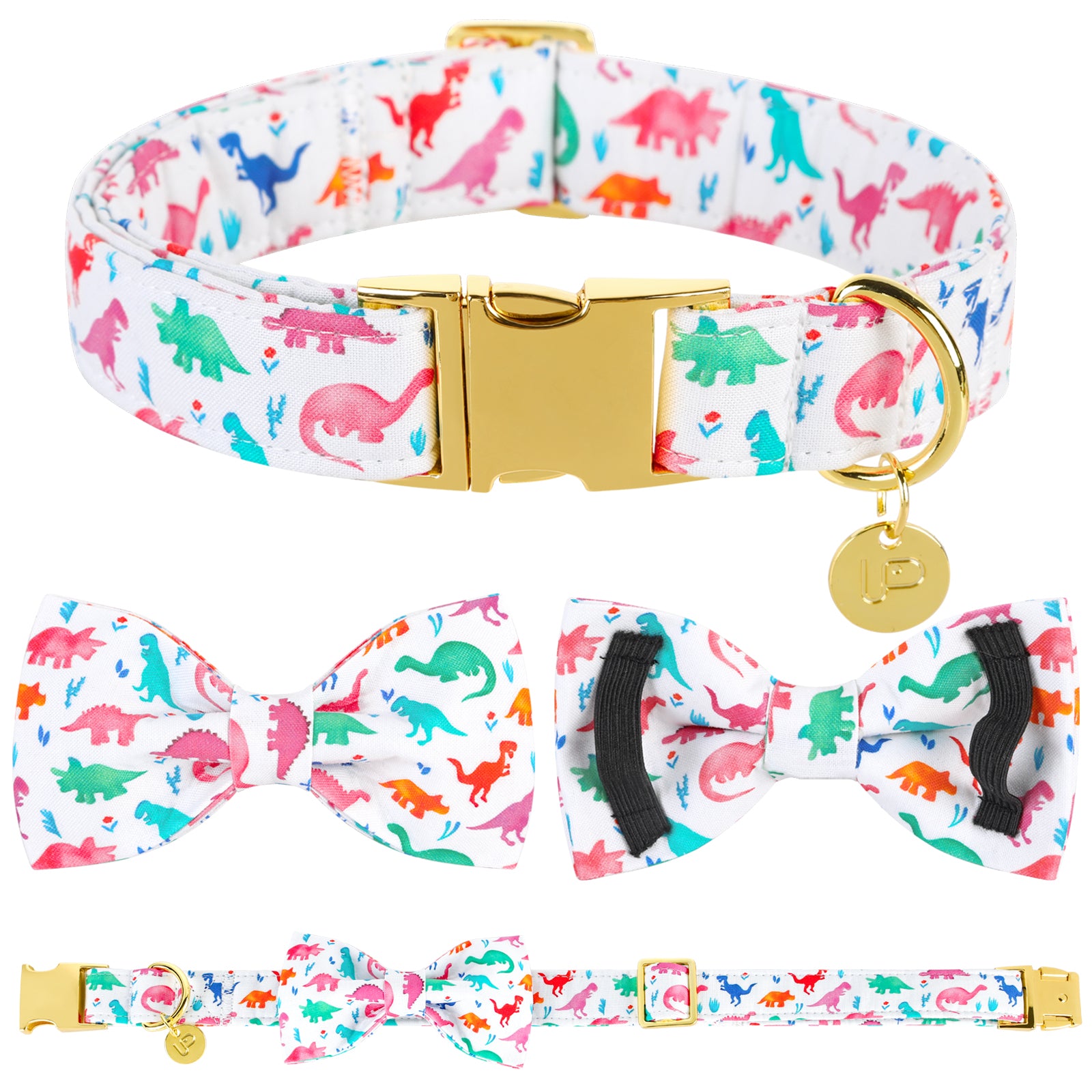 Dinosaur Dog Collar with Bowtie for Male Female Dogs