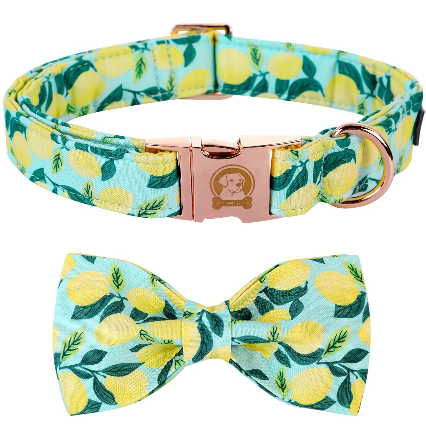 Cotton Bowtie Dog Collar with Metal Buckle for Girl or Boy, Lemon Pattern