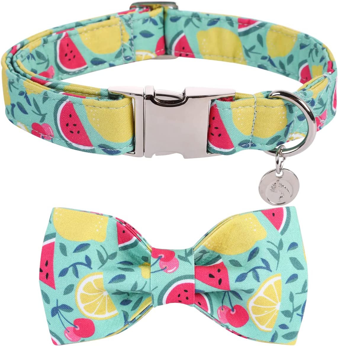 Summer Bowtie Dog Collar with Metal Buckle for Girl or Boy, Lemon Watermelon