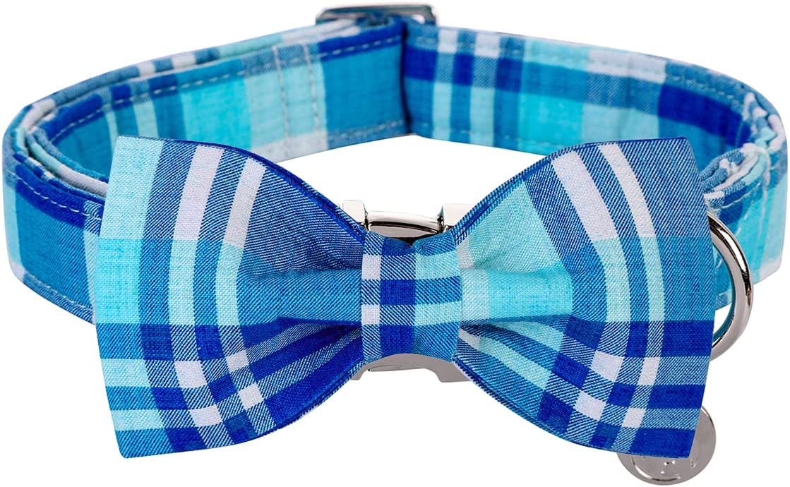 Blue Plaid Bowtie Dog Collar with Metal Buckle for Girl or Boy