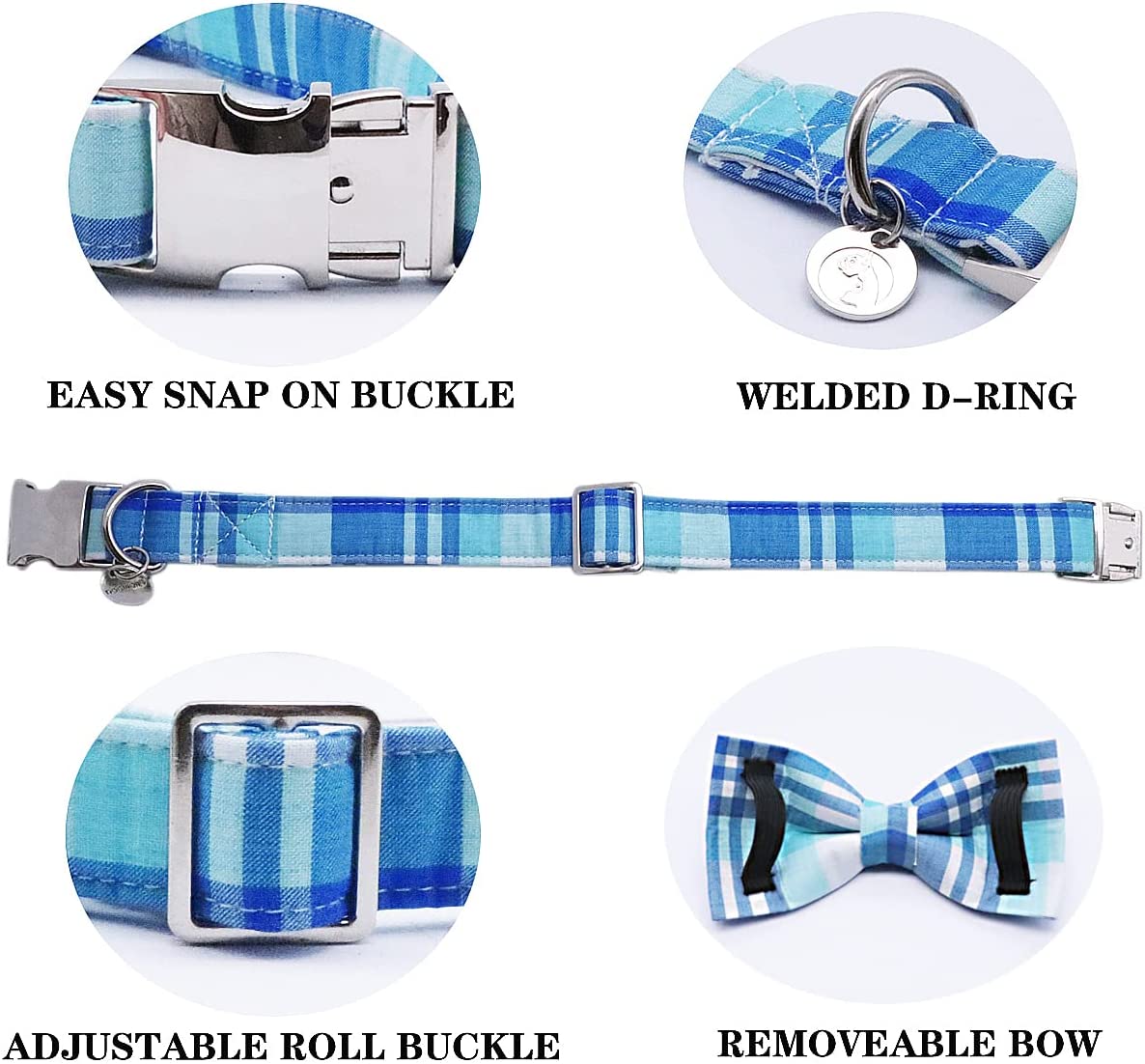 Blue Plaid Bowtie Dog Collar with Metal Buckle for Girl or Boy