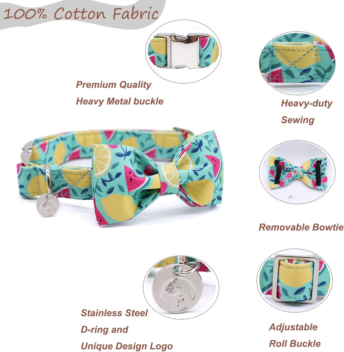 Summer Bowtie Dog Collar with Metal Buckle for Girl or Boy, Lemon Watermelon