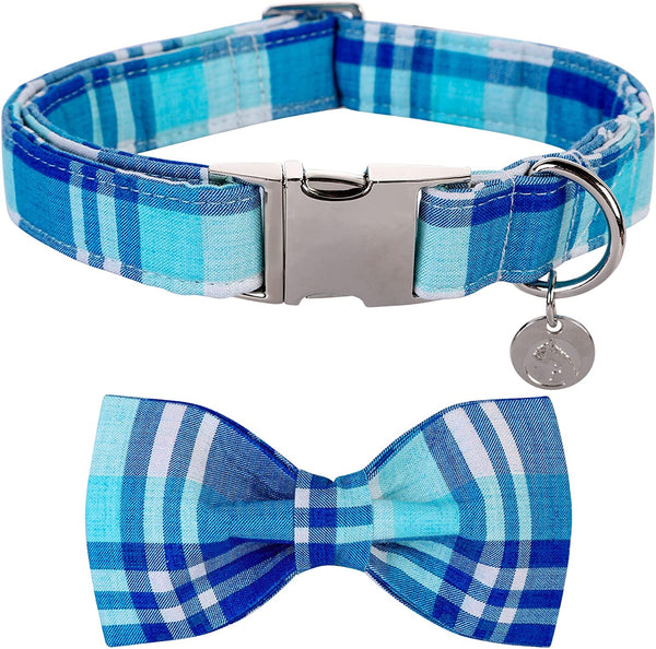 Blue Plaid Bowtie Dog Collar with Metal Buckle for Girl or Boy