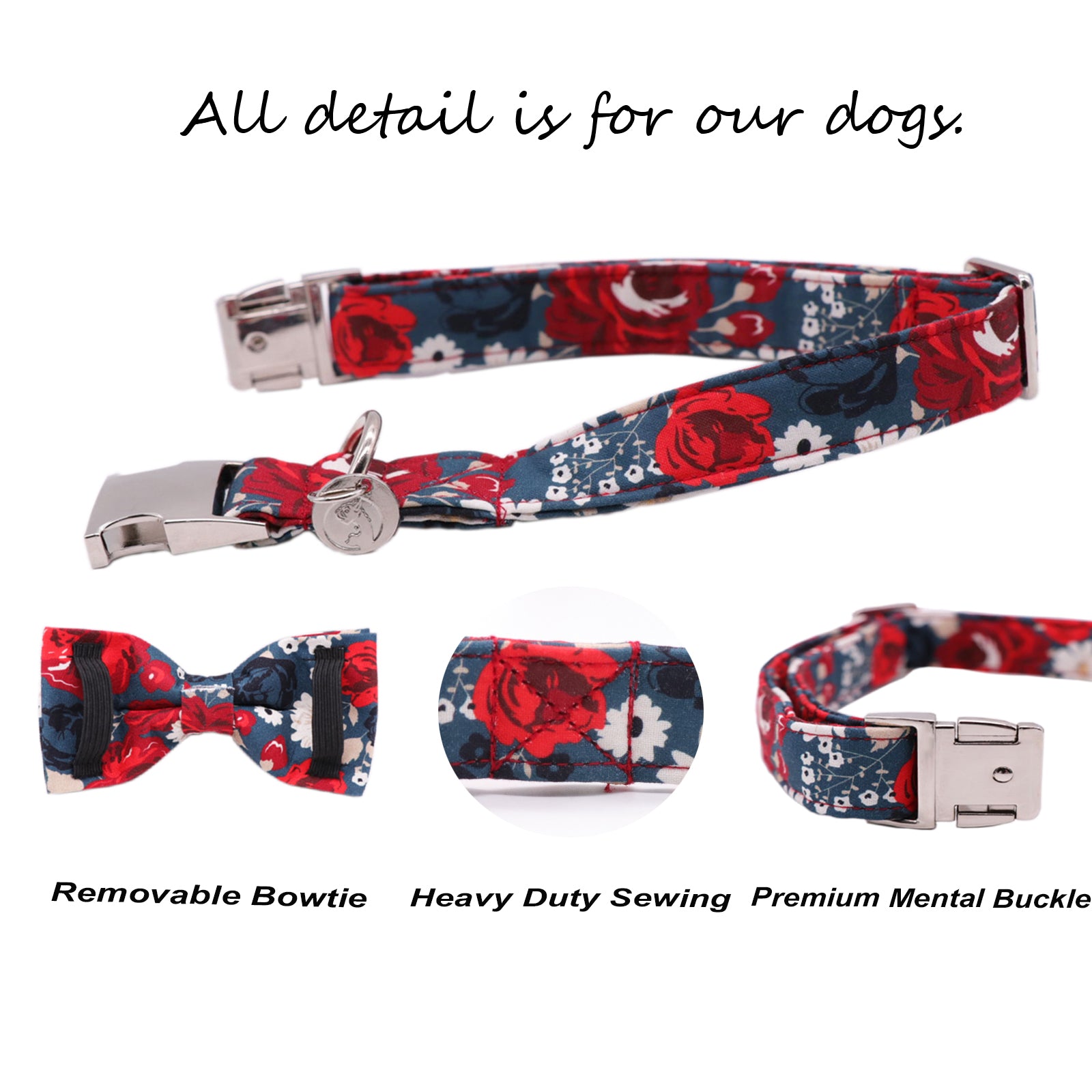 Bowtie Dog Collar with Metal Buckle for Girl, Flower Pattern