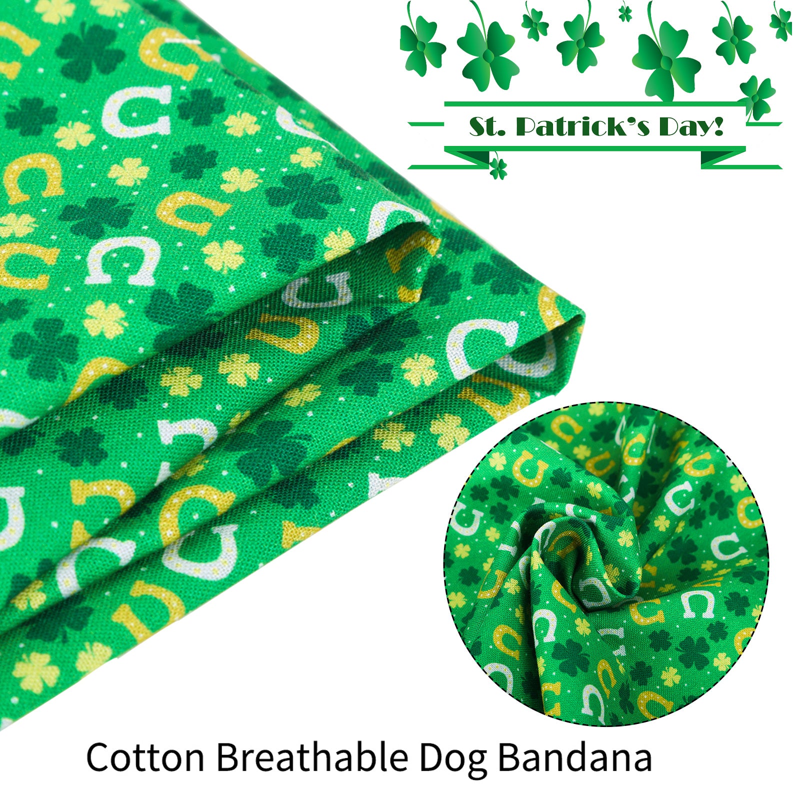 St. Patrick's Day Dog Bandana Handkerchief Scarf for Male Female Dog, Green Clover