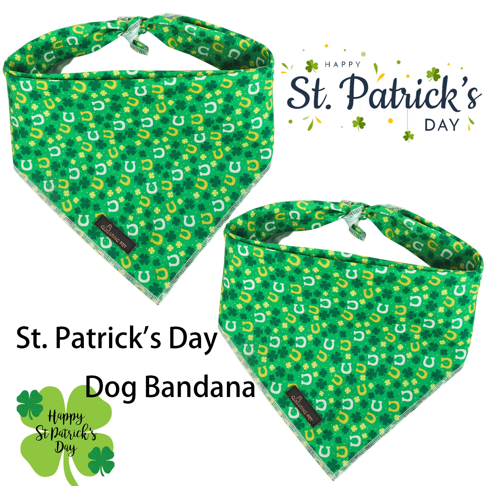 St. Patrick's Day Dog Bandana Handkerchief Scarf for Male Female Dog, Green Clover