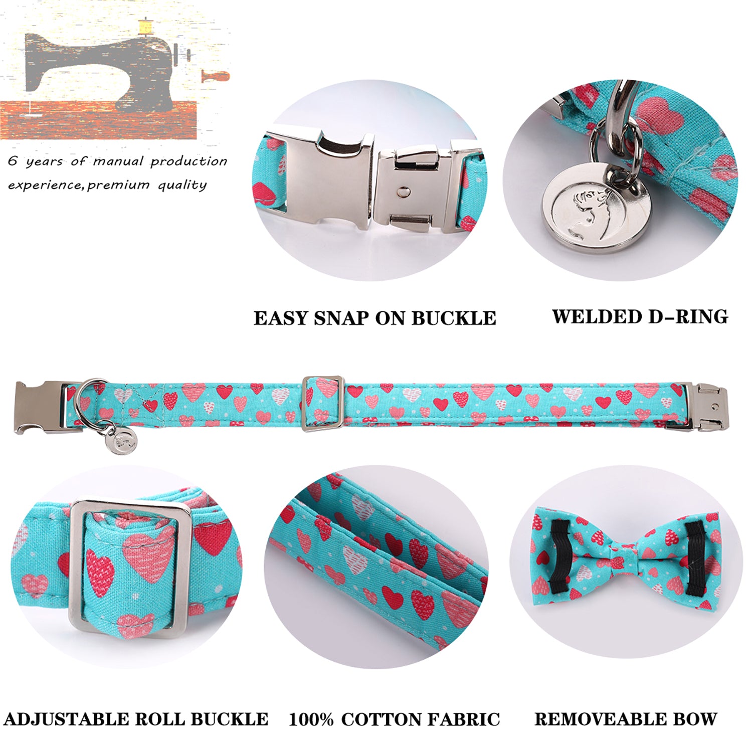 Valentine's Day Bowtie Dog Collar with Metal Buckle for Male Female Dogs