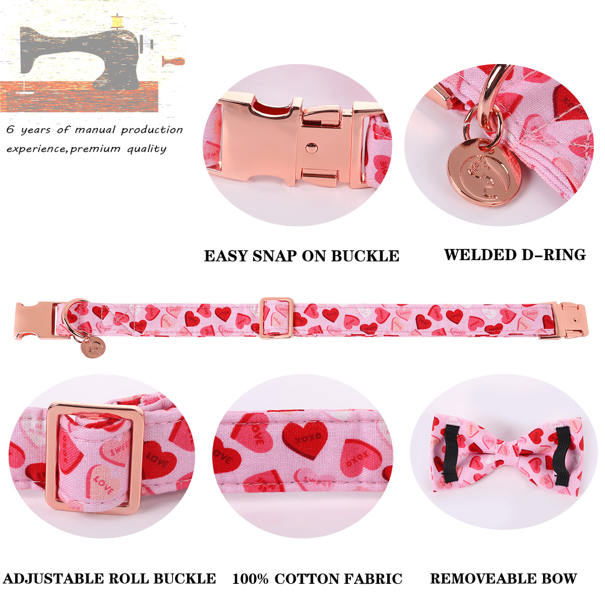 Valentine's Day Bowtie Dog Collar with Metal Buckle for Female Dog