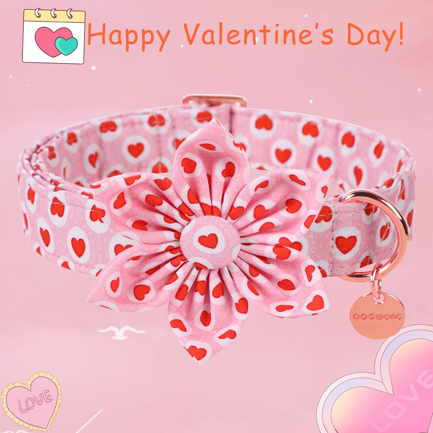 Valentine's Dog Collar with Flower for Female Dog