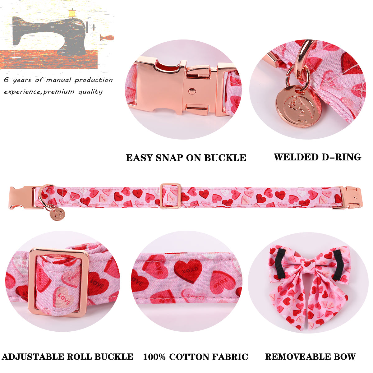 Valentine's Heart Dog Collar with Sailor Bow for Girl
