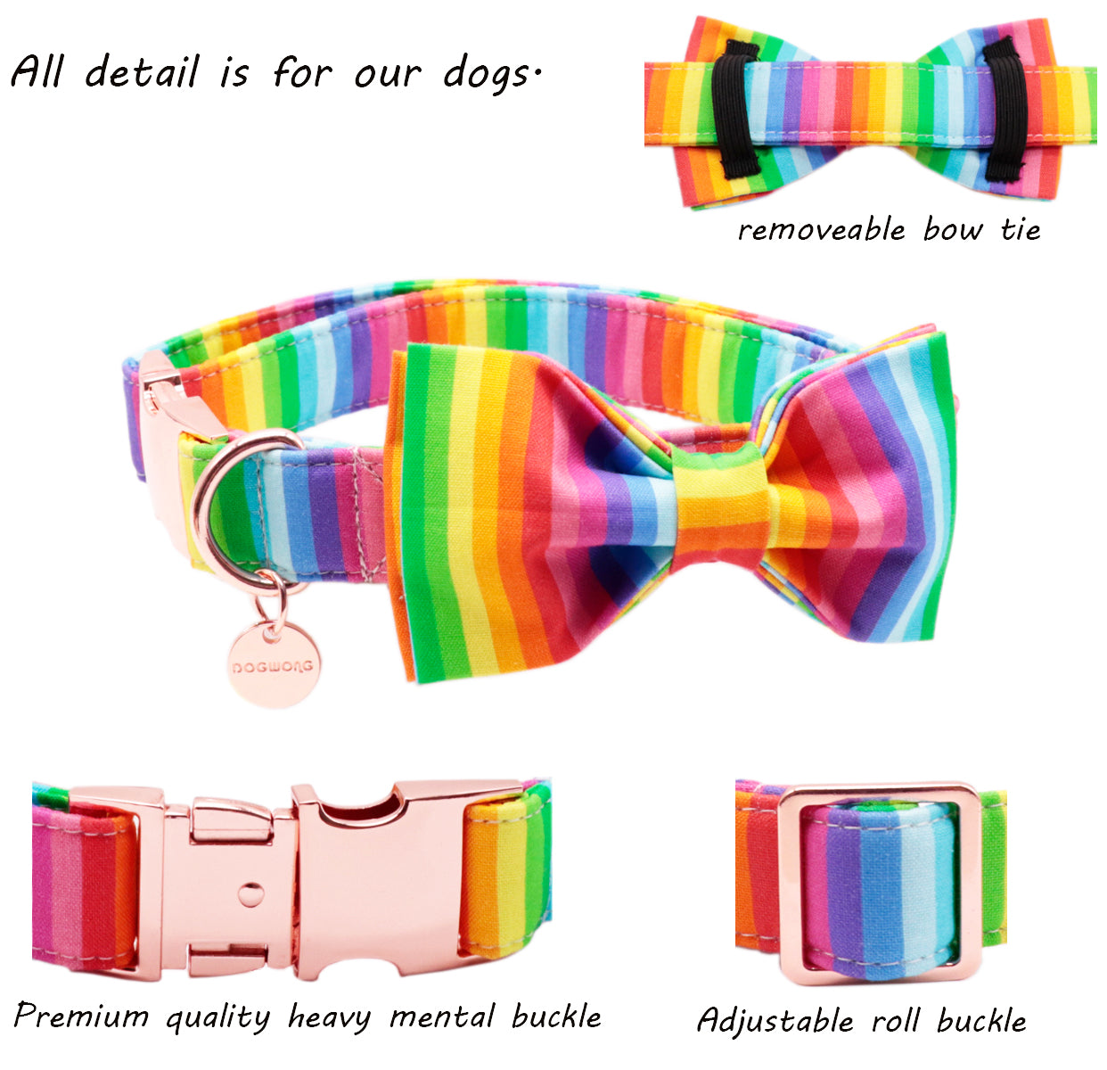 Rainbow Bowtie Dog Collar with Metal Buckle for Girl or Boy