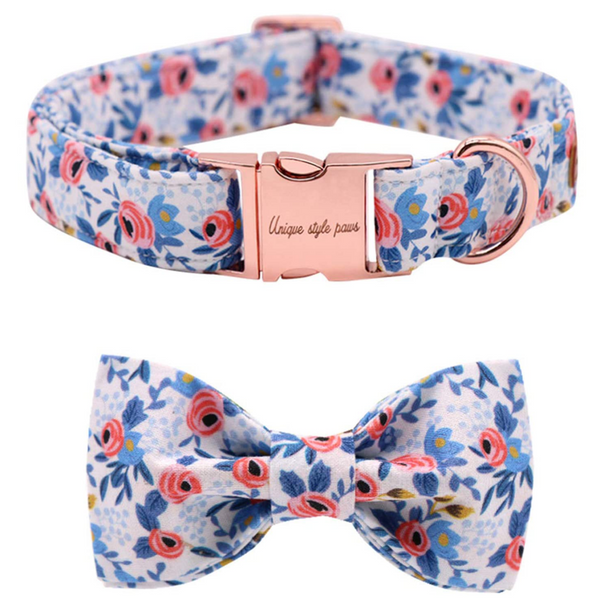 Bowtie Dog Collar with Metal Buckle for Girl, Blue Flower