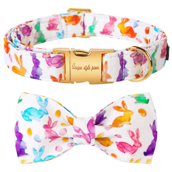 Easter Bowtie Dog Collar with Metal Buckle for Girl or Boy, Rabbit Pattern