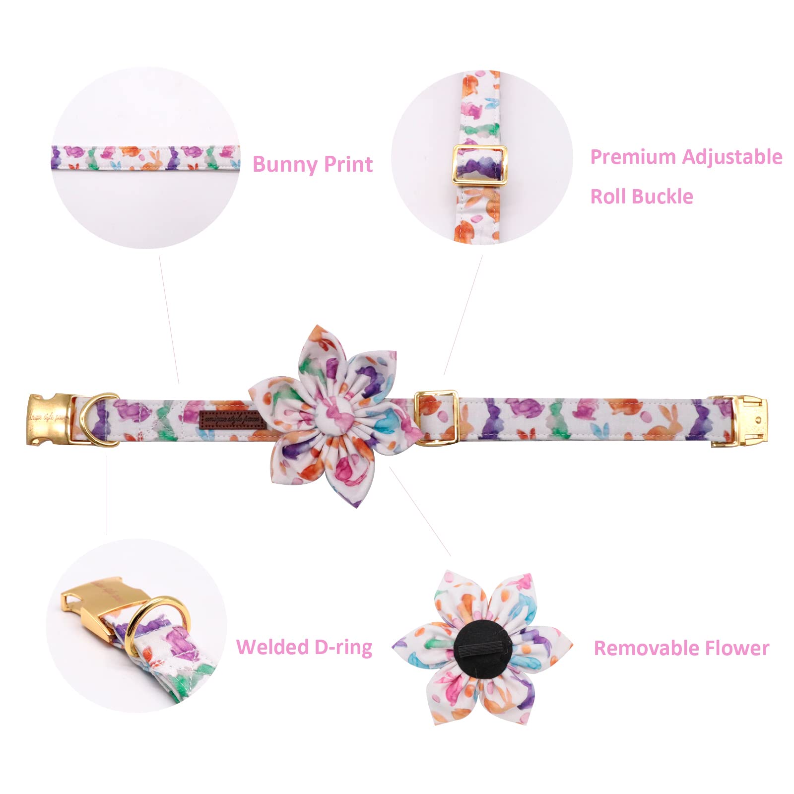 Easter Dog Collar with Flower for Female Dog, Rabbit Pattern