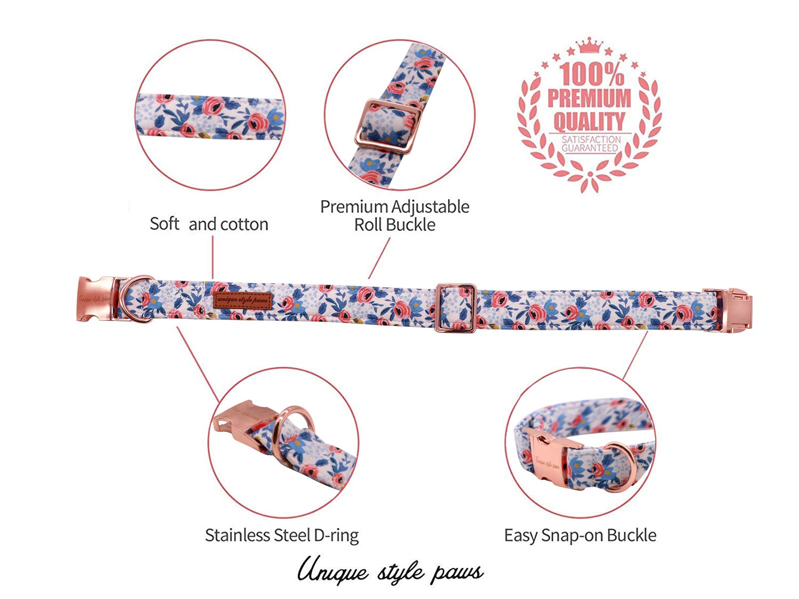 Bowtie Dog Collar with Metal Buckle for Girl, Blue Flower