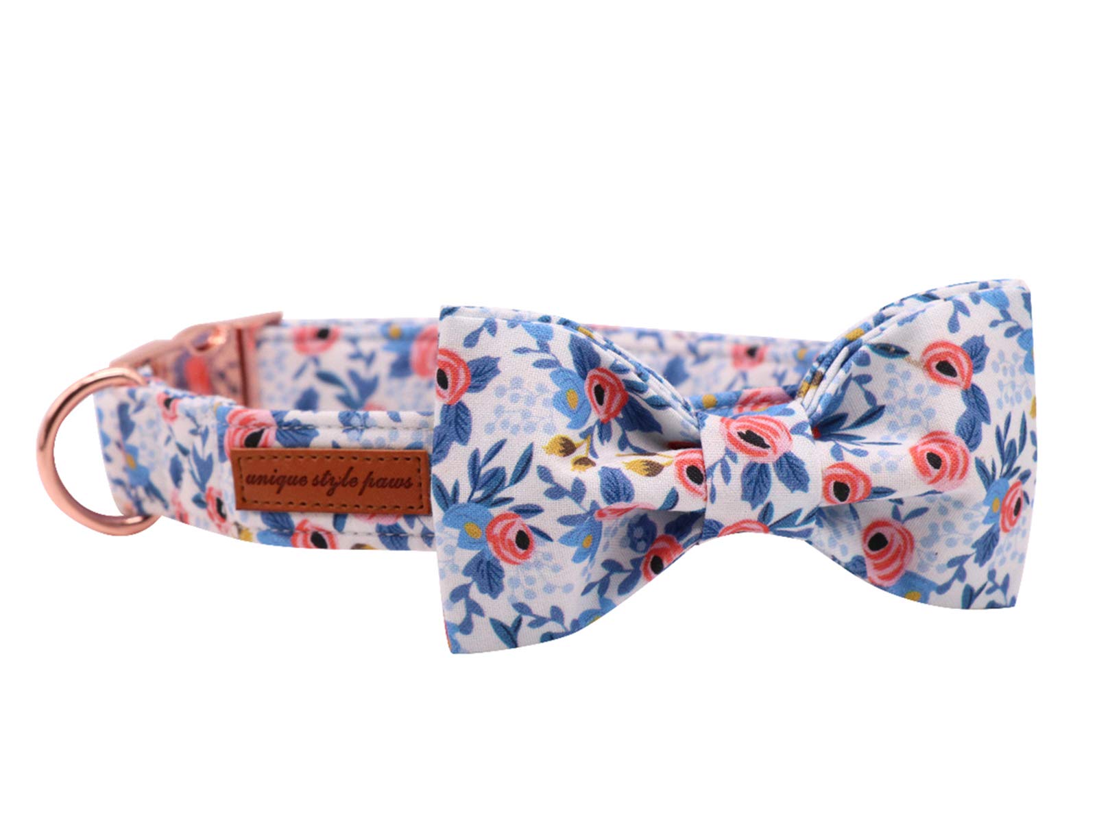 Bowtie Dog Collar with Metal Buckle for Girl, Blue Flower
