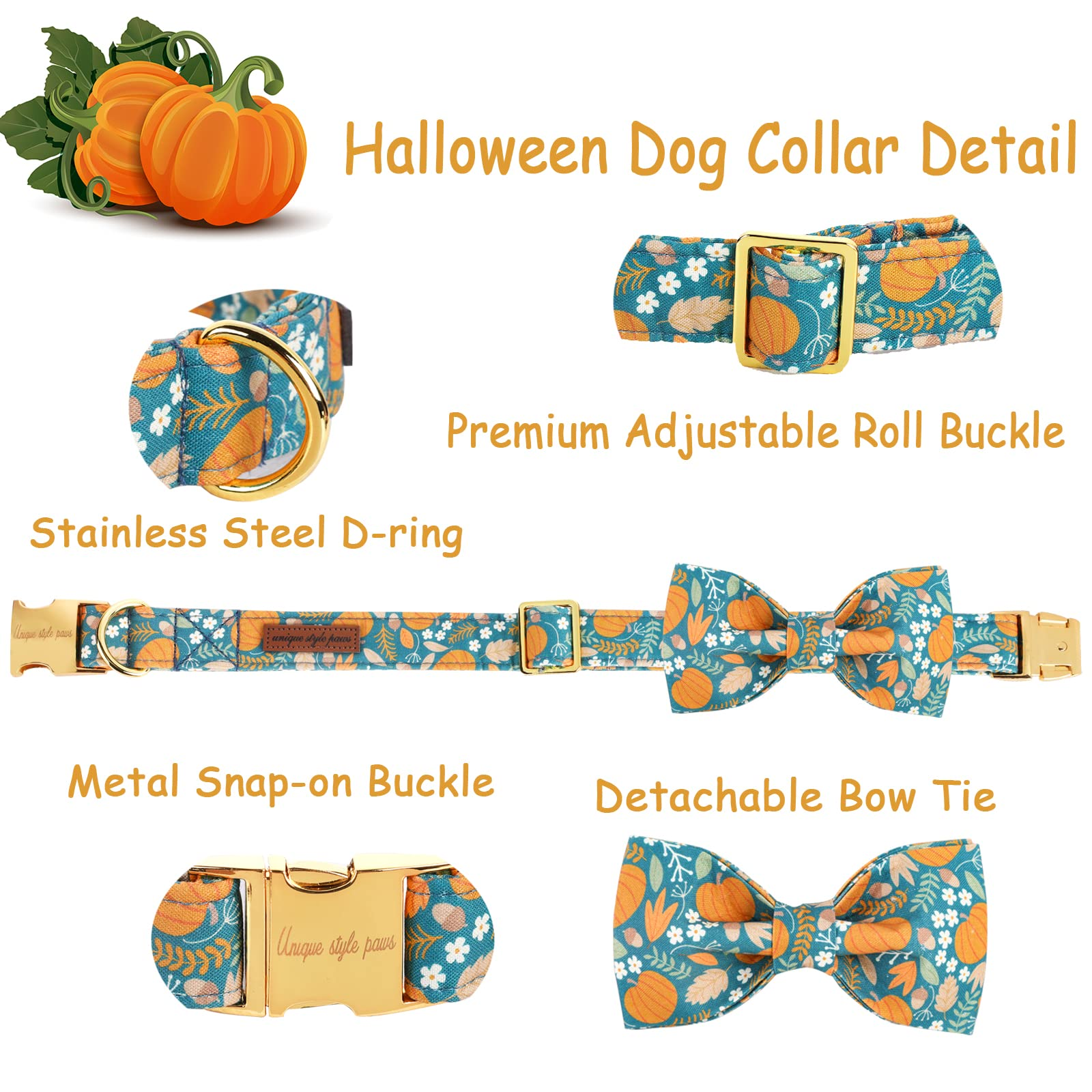 Halloween Bowtie Dog Collar with Metal Buckle for Girl or Boy, Pumpkin Pattern