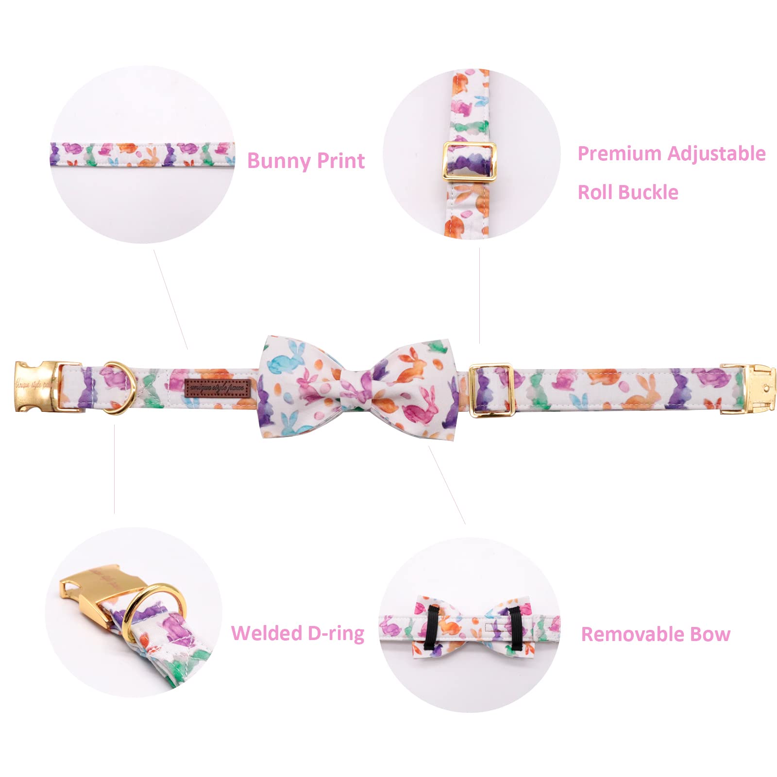 Easter Bowtie Dog Collar with Metal Buckle for Girl or Boy, Rabbit Pattern
